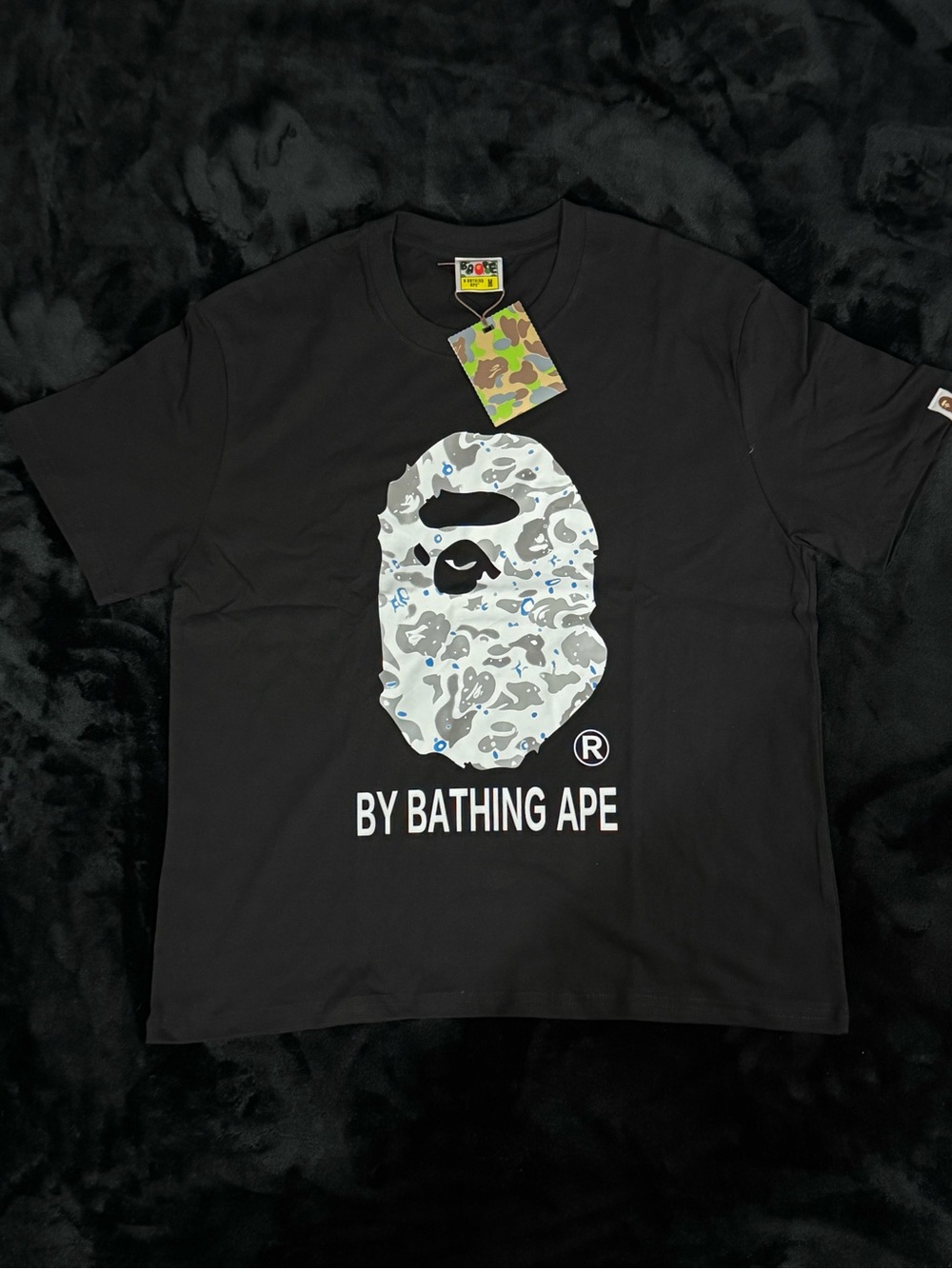 Bape Black Tee with White & Light Gray Camo Ape Logo